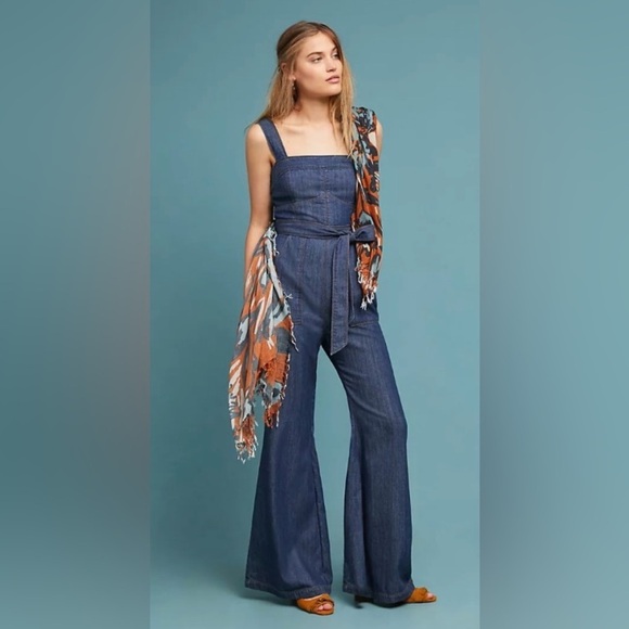 Anthro Pilcro Letterpress Wide Leg Overalls 6 Boho Hippie Belted Denim Jean - Picture 1 of 14